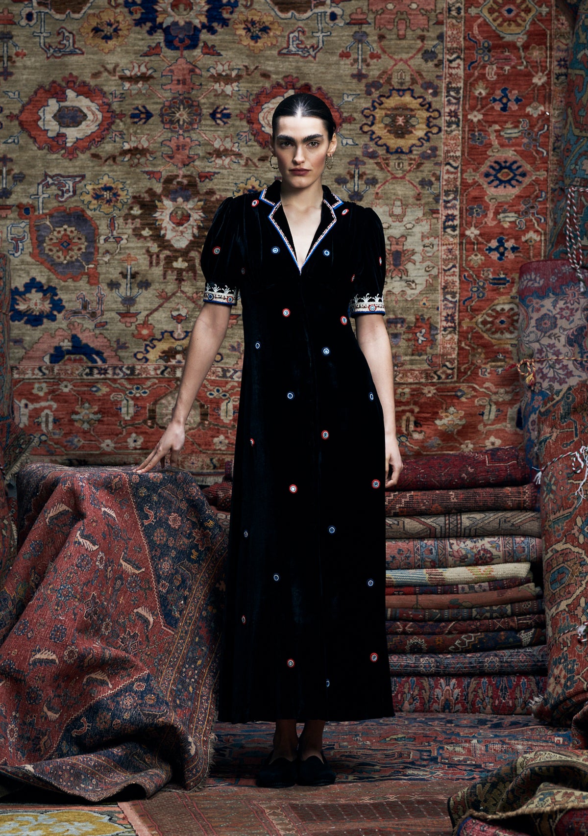 Roxana Dress Black Velvet with Mirror Work Embroidery