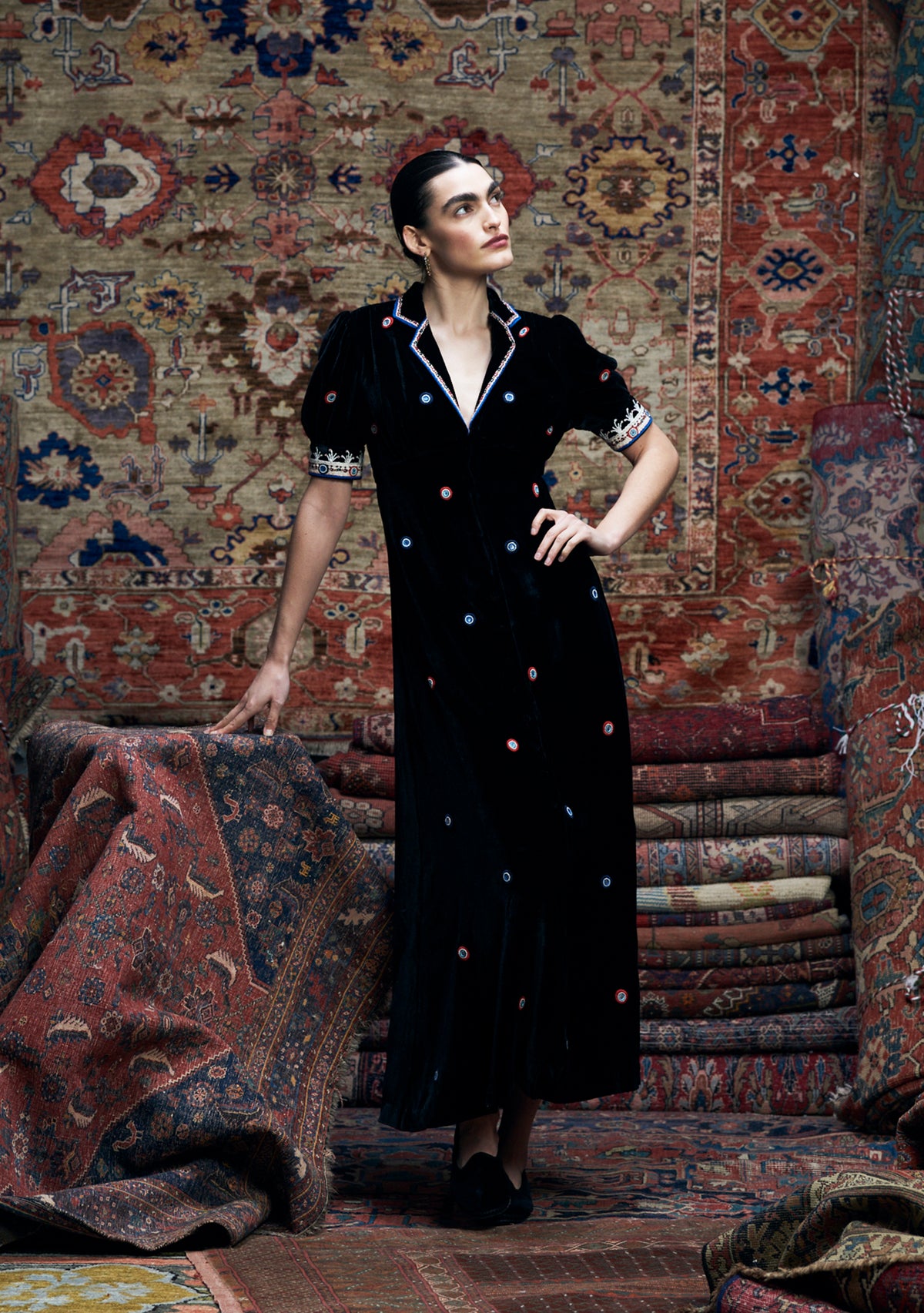 Roxana Dress Black Velvet with Mirror Work Embroidery