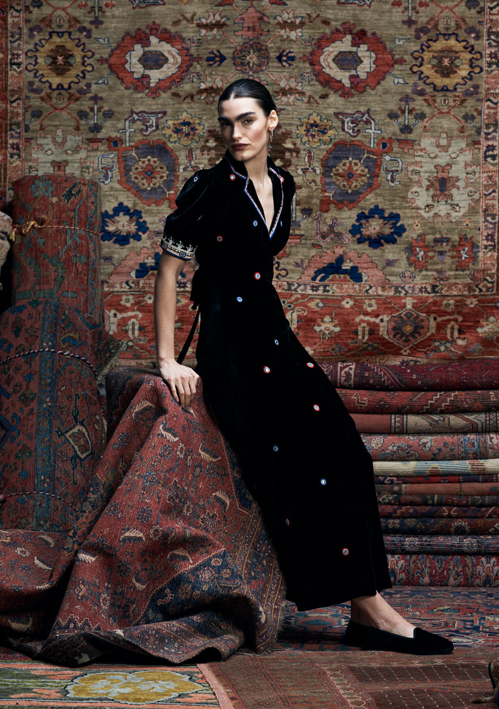 Roxana Dress Black Velvet with Mirror Work Embroidery