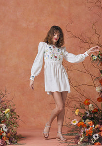 Emma Dress White with Mushroom Embroidery