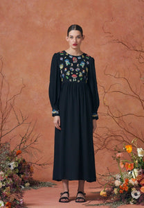 Emma Midi Dress Black with Mushroom Embroidery