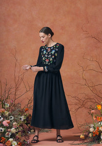 Emma Midi Dress Black with Mushroom Embroidery