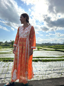Cotton Embroidered Dress Lotus Feet Coral