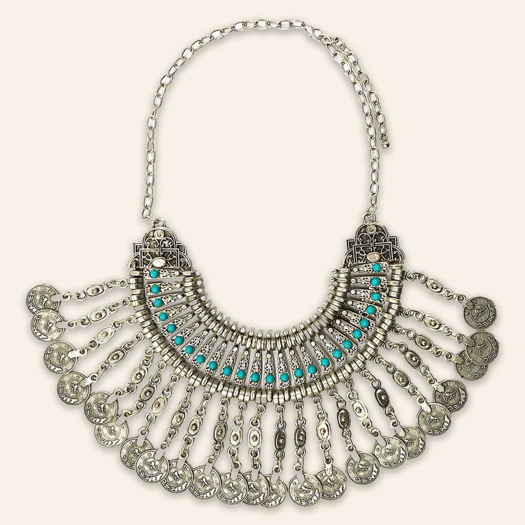 Berber Coin Necklace with Turquoise Stone I