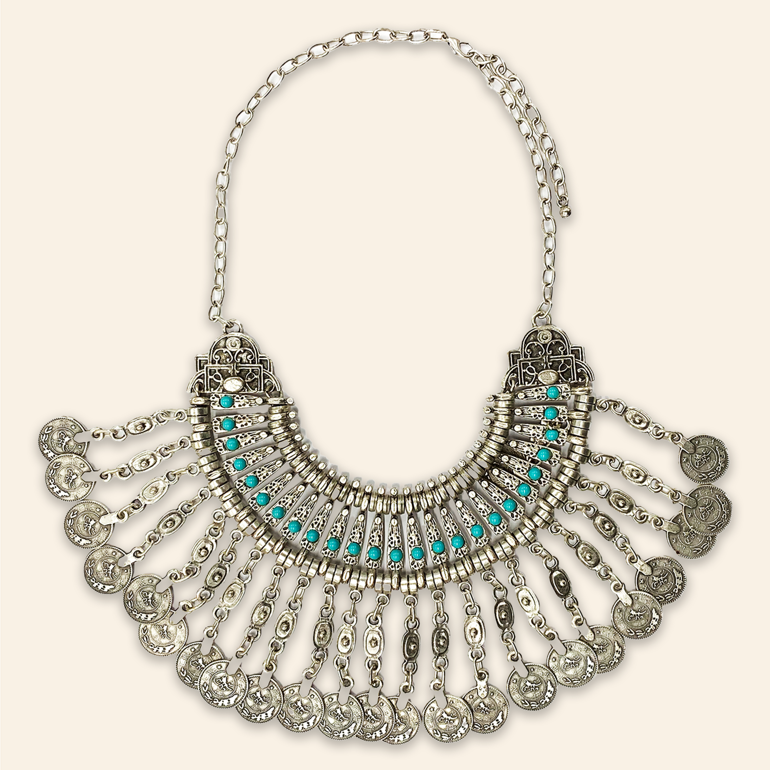 Berber Coin Necklace with Turquoise Stone I