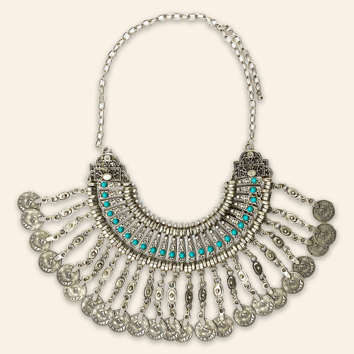 Berber Coin Necklace with Turquoise Stone I