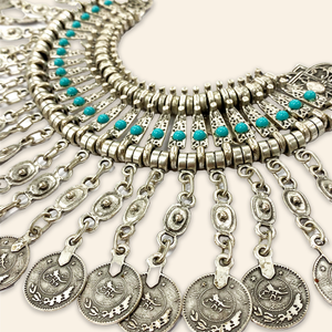 Berber Coin Necklace with Turquoise Stone I