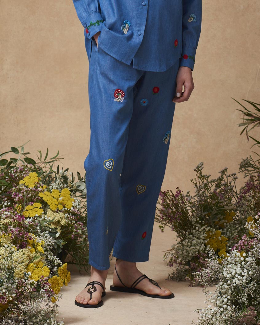 Fern Pants with Mushroom Embroidery