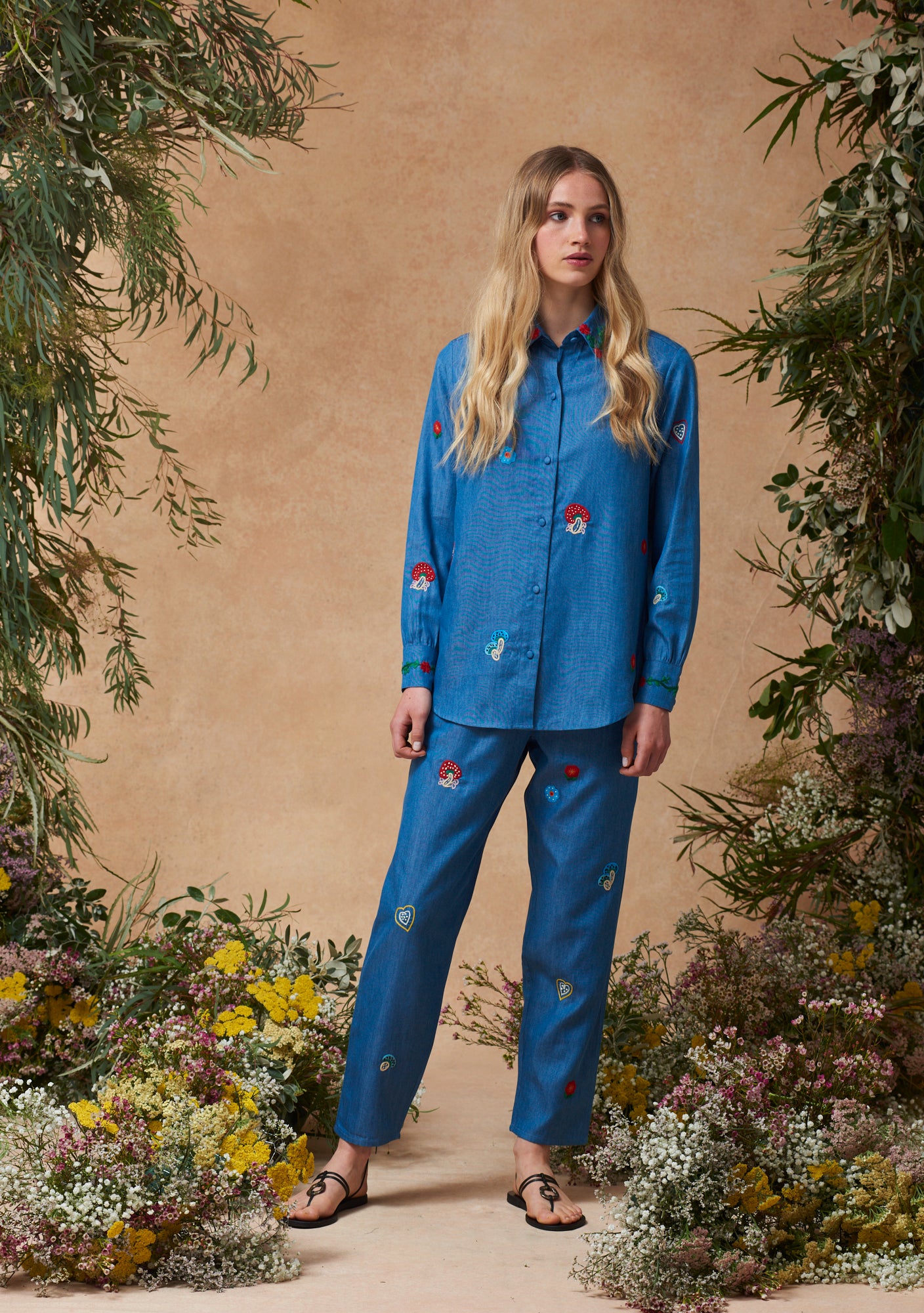 Fern Pants with Mushroom Embroidery