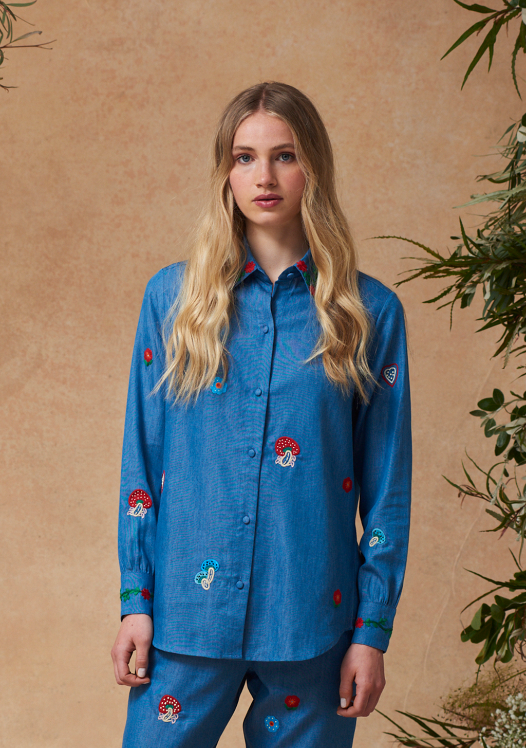 Fern Shirt with Mushroom Embroidery