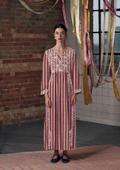Silk Embroidered Dress Swan Stripe Fuchsia with Cream