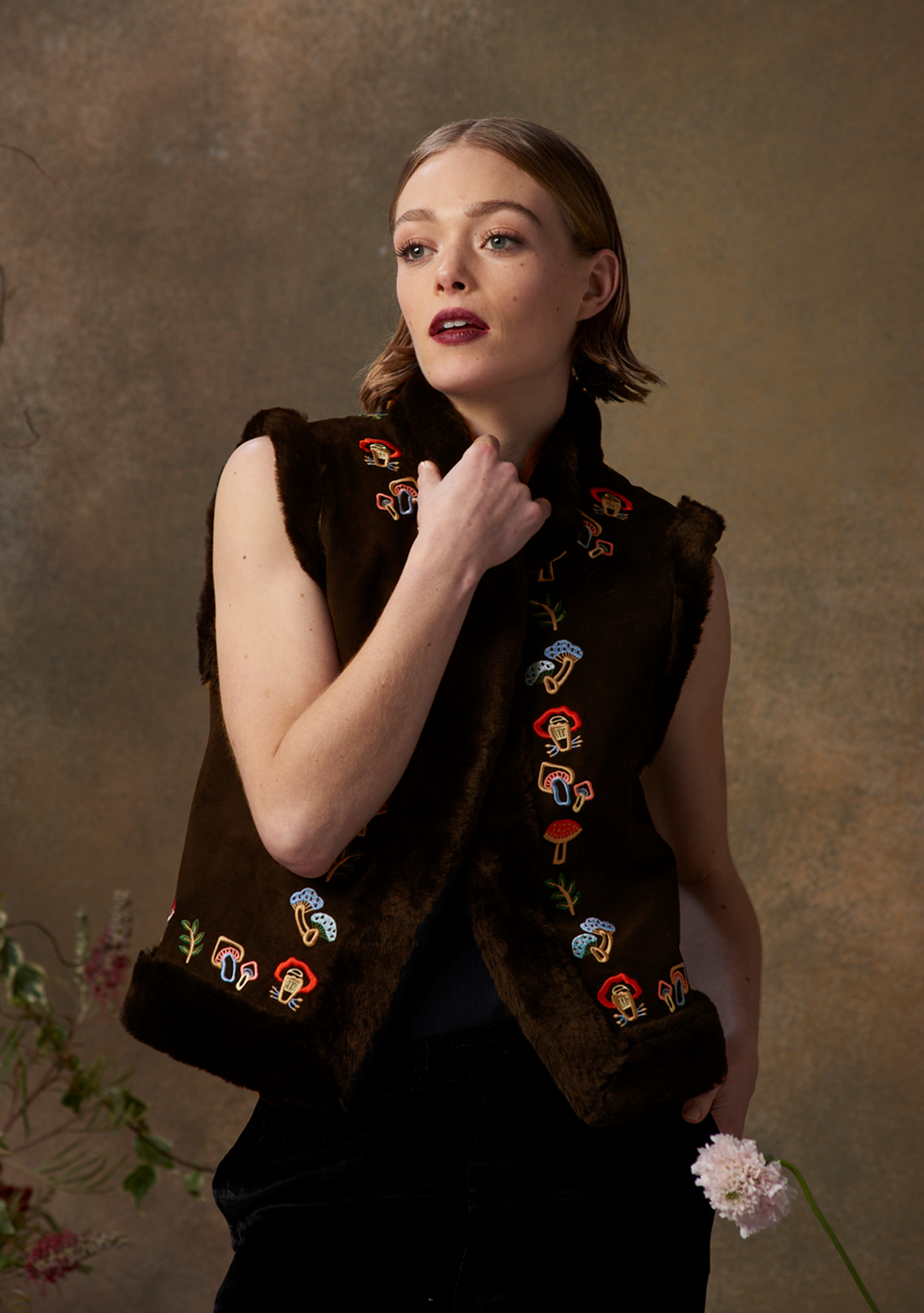 Mimi Gilet Chocolate Suede with Mushroom Embroidery