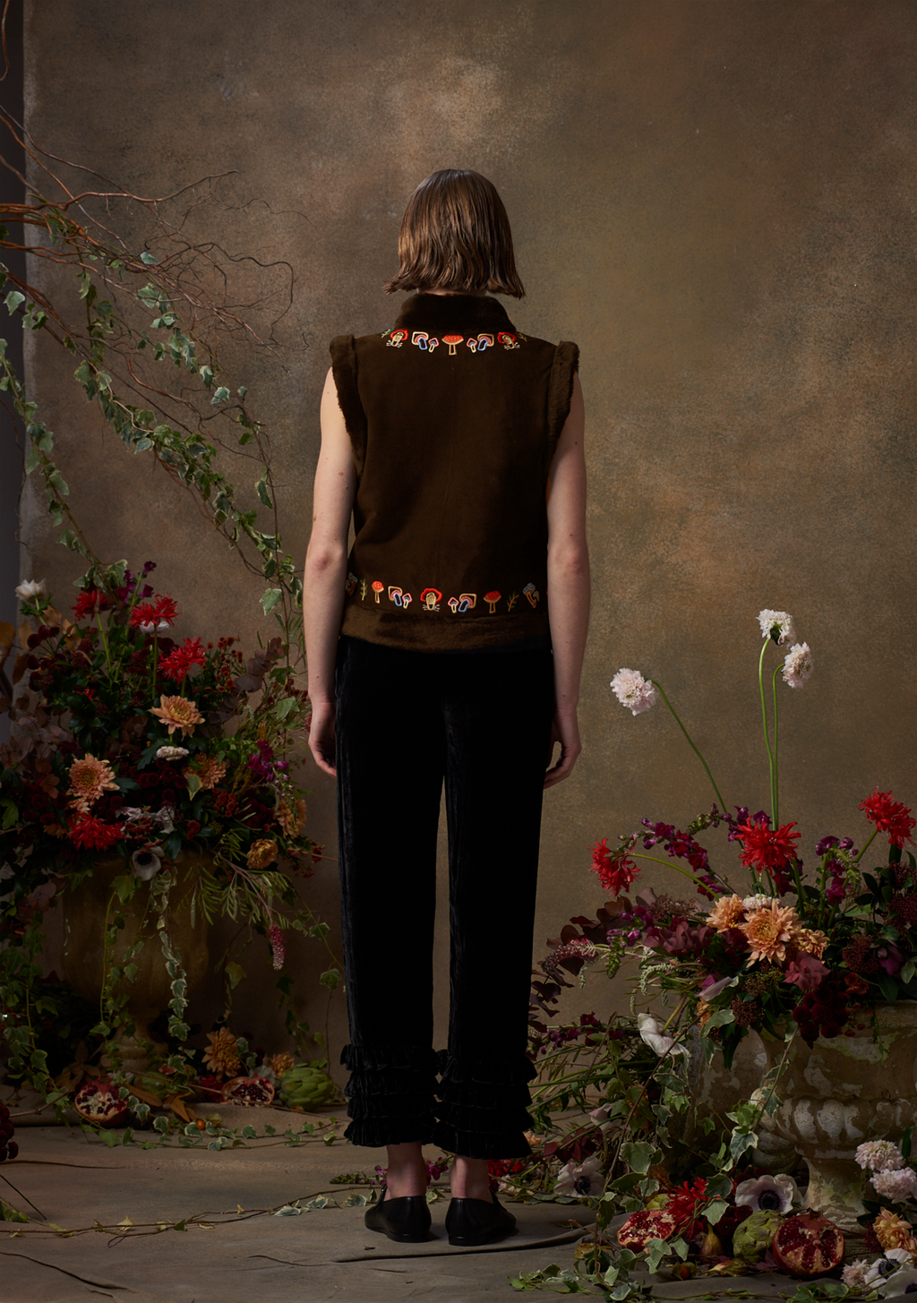 Mimi Gilet Chocolate Suede with Mushroom Embroidery