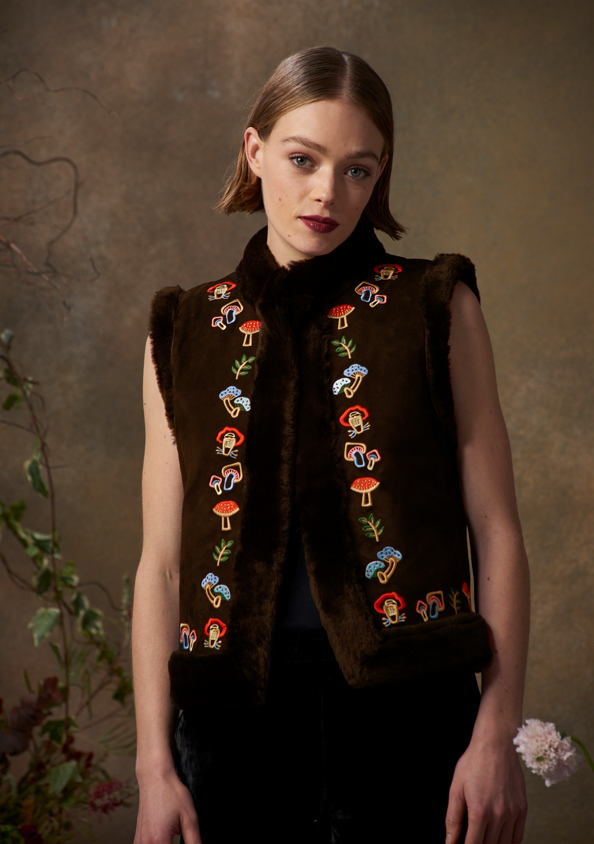 Mimi Gilet Chocolate Suede with Mushroom Embroidery