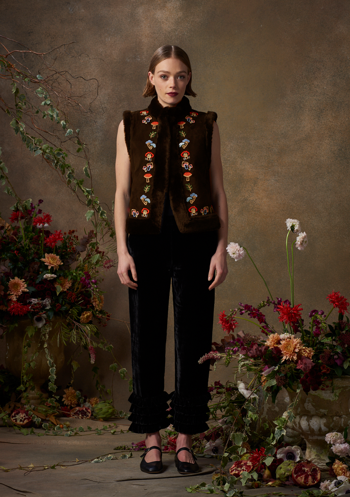 Mimi Gilet Chocolate Suede with Mushroom Embroidery