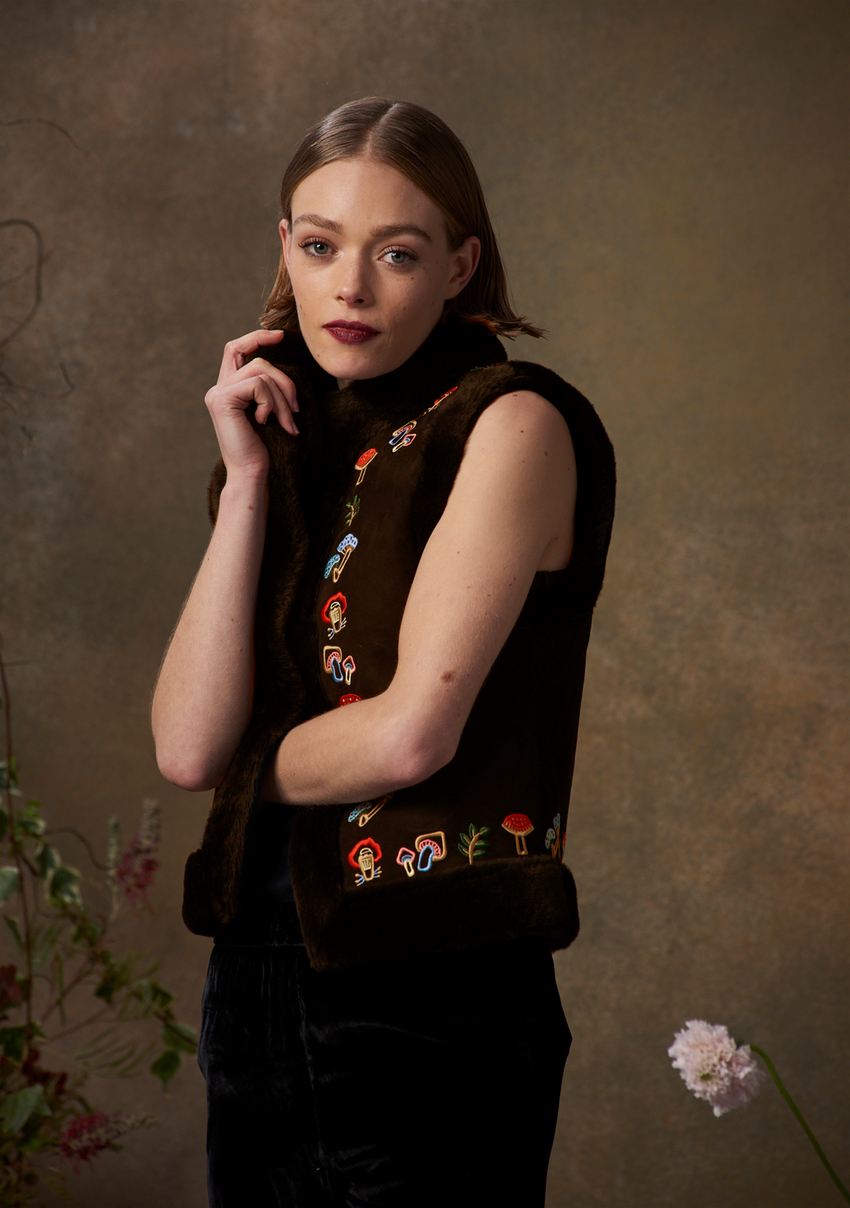Mimi Gilet Chocolate Suede with Mushroom Embroidery