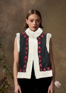 Mimi Gilet Black Leather with Heart Embroidery