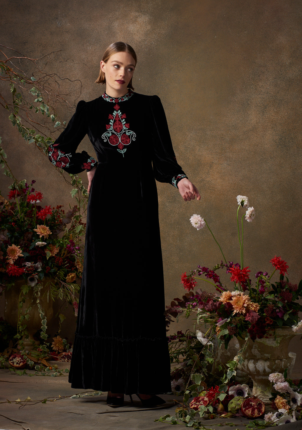 Selena Gown Black Velvet with Floral Embroidery
