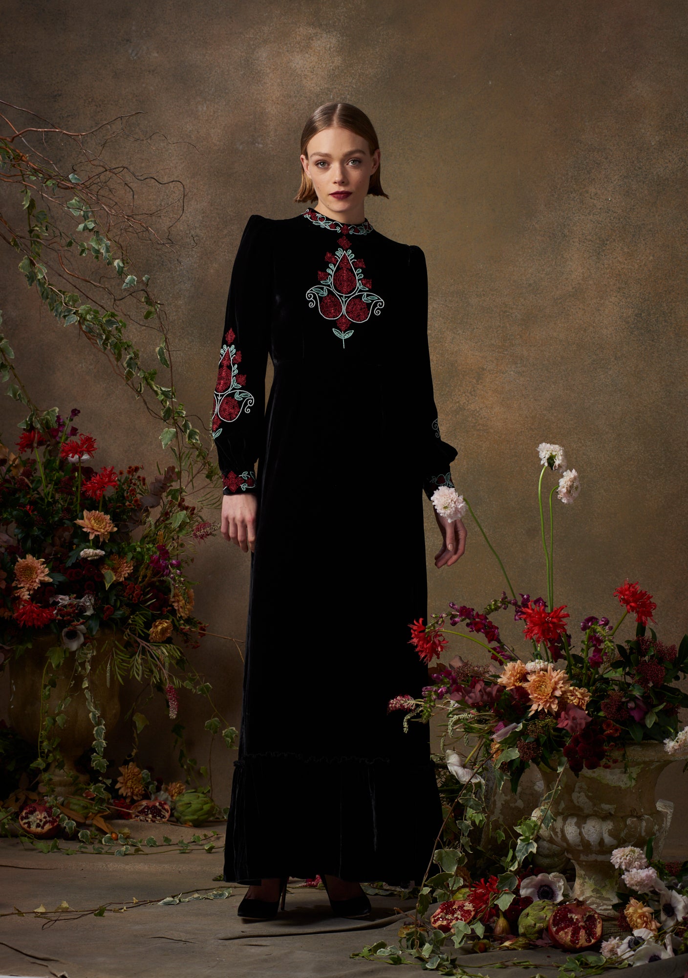 Selena Gown Black Velvet with Floral Embroidery