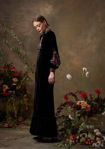 Selena Gown Black Velvet with Floral Embroidery