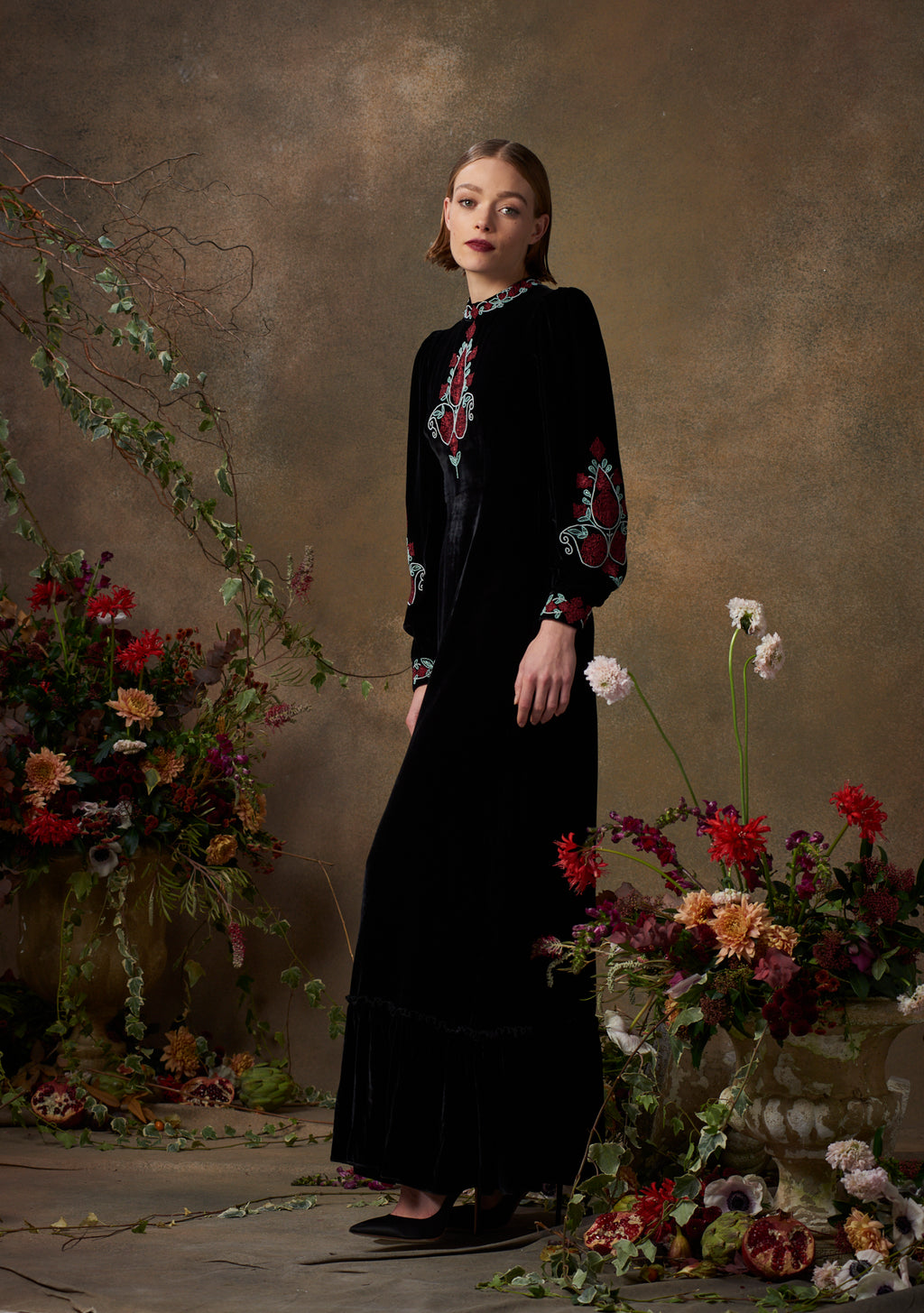 Selena Gown Black Velvet with Floral Embroidery