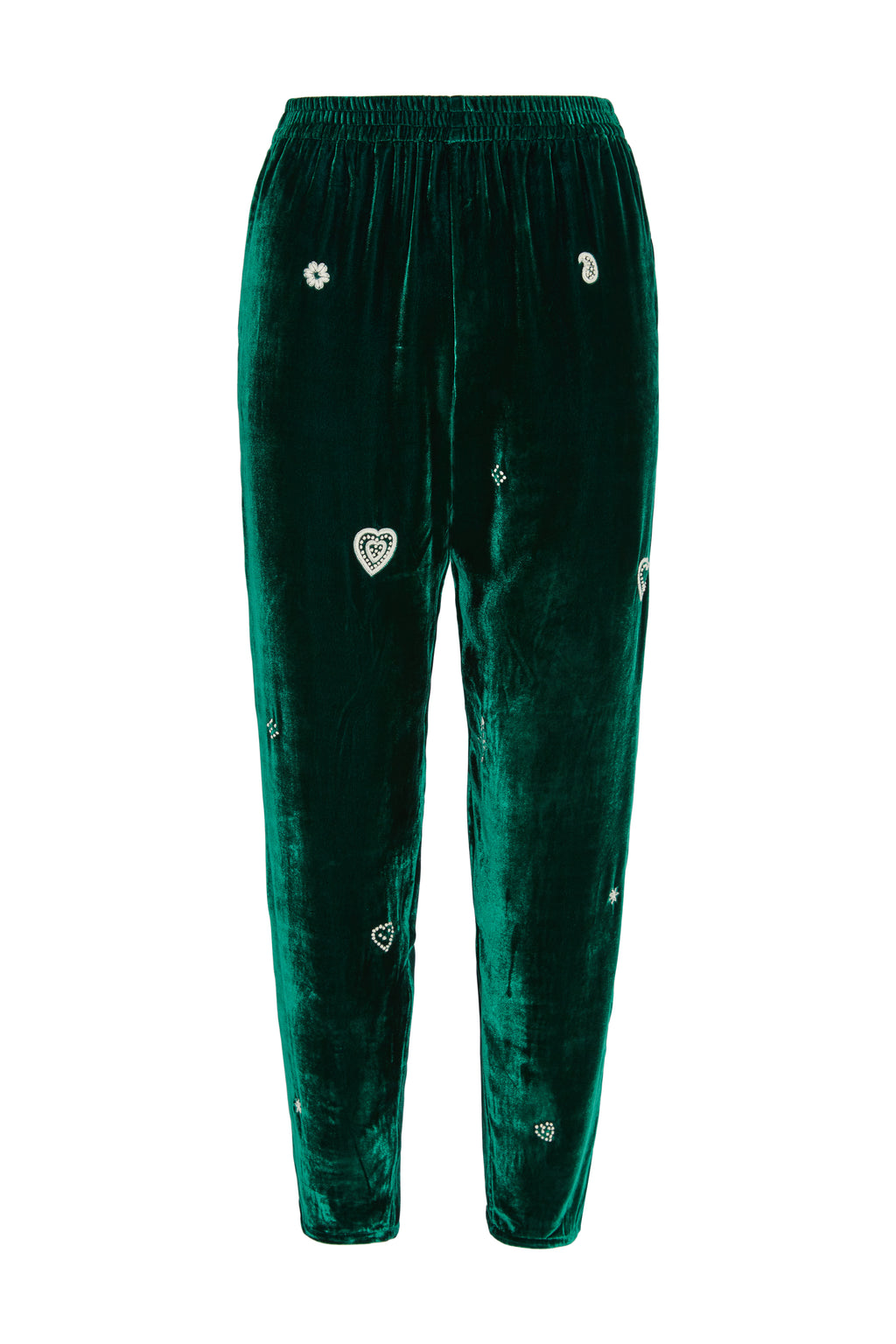 Fern Pants Emerald Velvet with Heart Embroidery