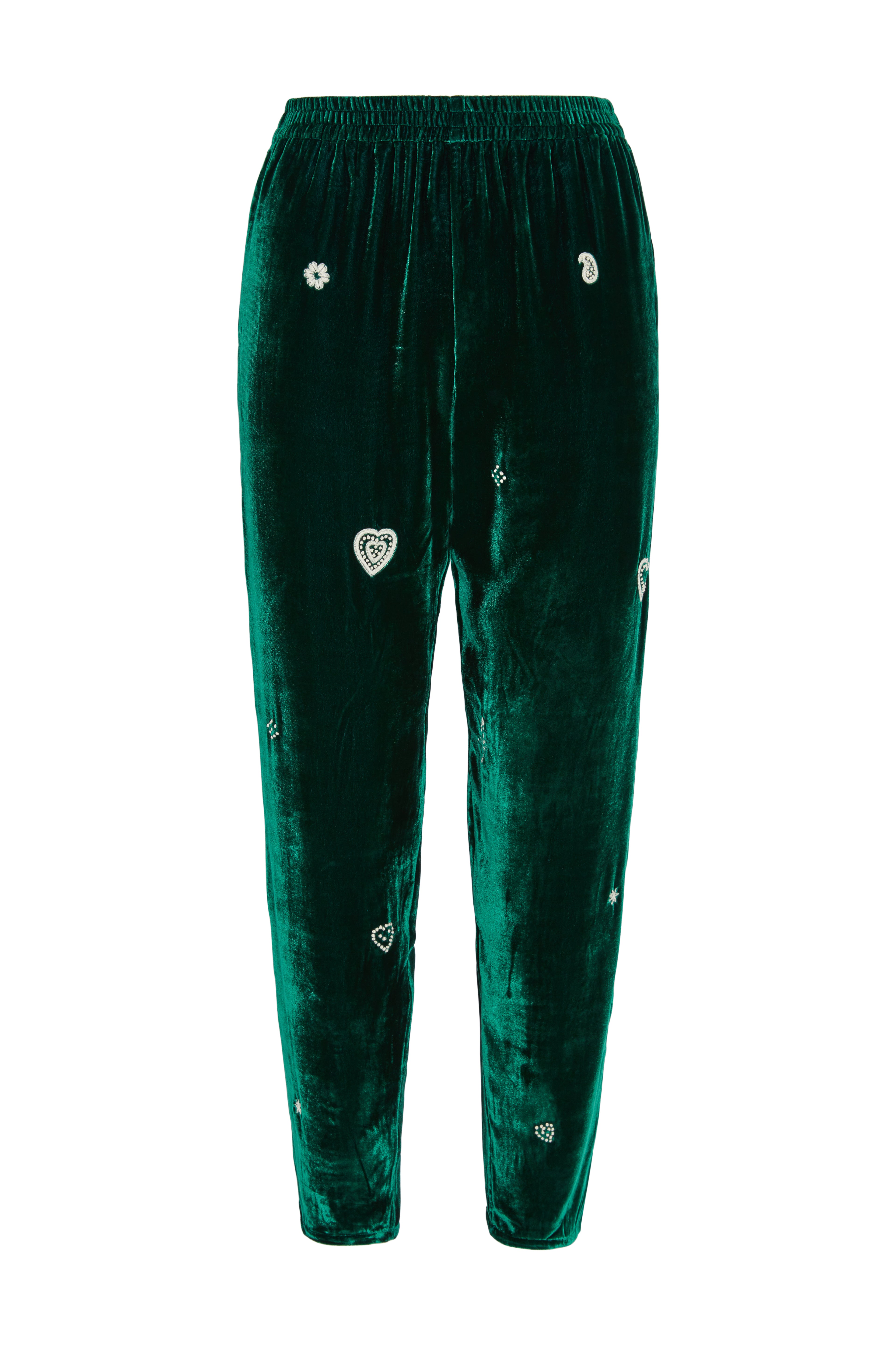 Fern Pants Emerald Velvet with Heart Embroidery