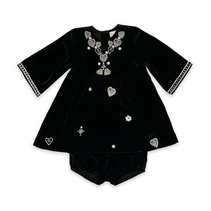 Kids Mia Dress Black Velvet with Heart Embroidery