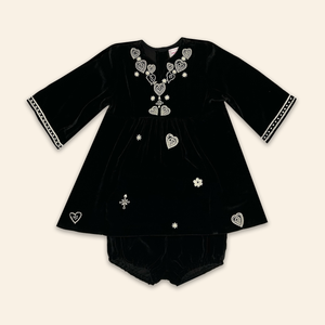 Kids Mia Dress Black Velvet with Heart Embroidery