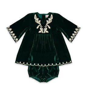 Kids Mia Dress Emerald Velvet with Floral Embroidery