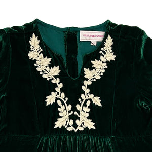 Kids Mia Dress Emerald Velvet with Floral Embroidery