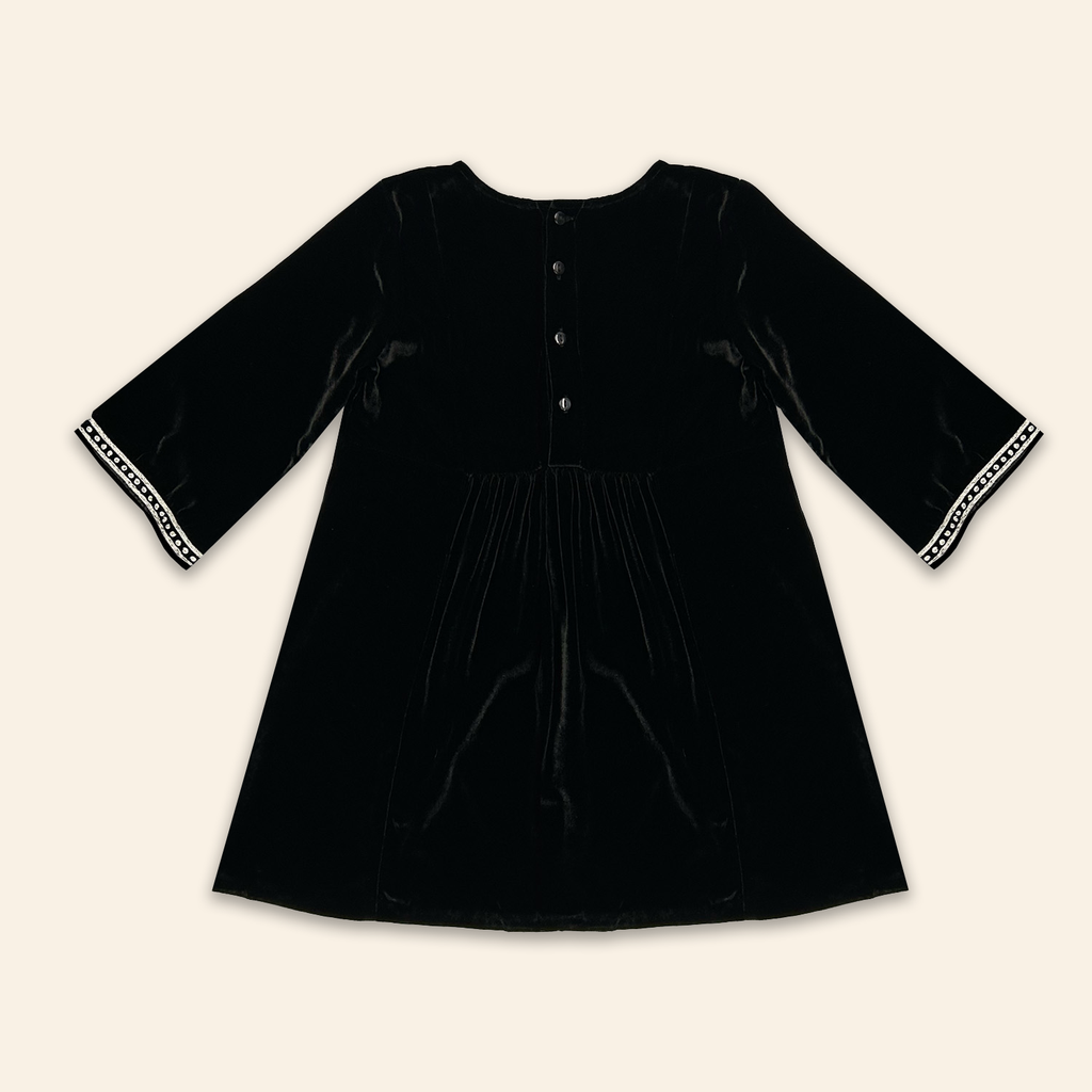Kids Mia Dress Black Velvet with Heart Embroidery
