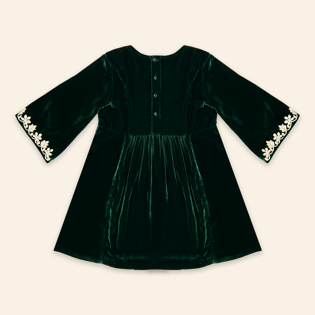 Kids Mia Dress Emerald Velvet with Floral Embroidery