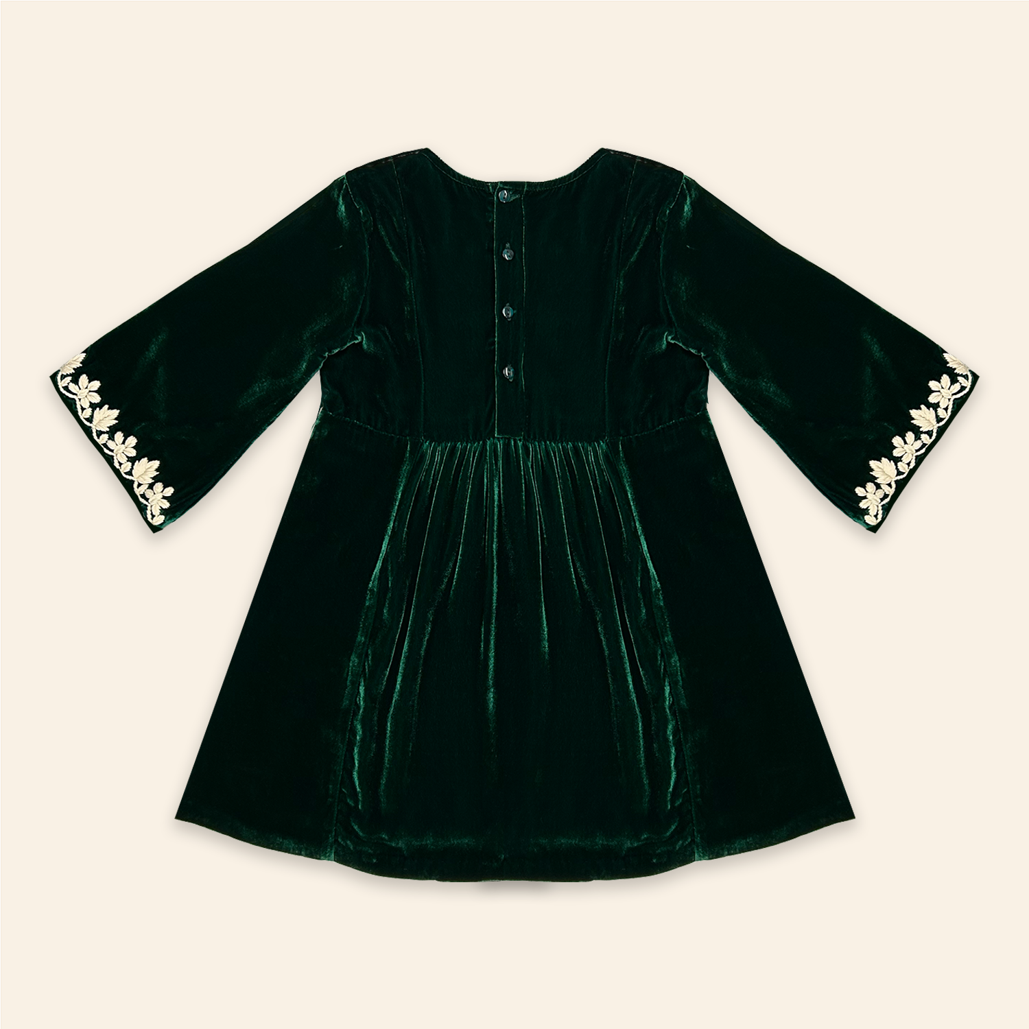 Kids Mia Dress Emerald Velvet with Floral Embroidery