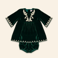 Kids Mia Dress Emerald Velvet with Floral Embroidery