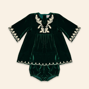 Kids Mia Dress Emerald Velvet with Floral Embroidery