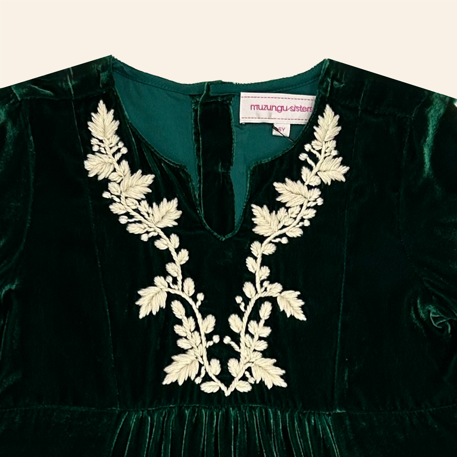 Kids Mia Dress Emerald Velvet with Floral Embroidery