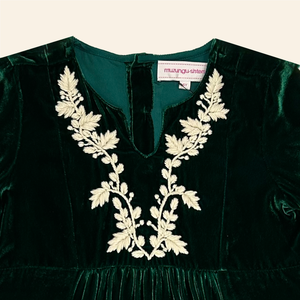 Kids Mia Dress Emerald Velvet with Floral Embroidery