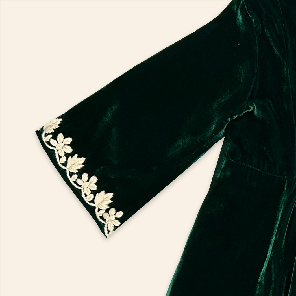 Kids Mia Dress Emerald Velvet with Floral Embroidery