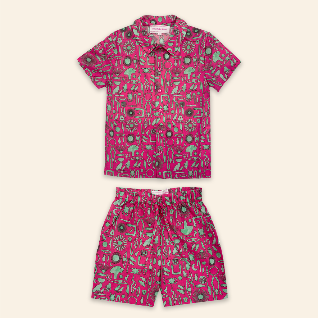 Kids Aryo Shirt and Otto Shorts Hieroglyph Fuchsia