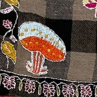Multi-Coloured Mushroom Embroidered Shawl Black and Tan Check