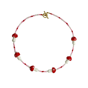 Glass Red Mushroom Pink Bead Necklace