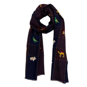 Animal Embroidered Shawl Blue and Aubergine Check