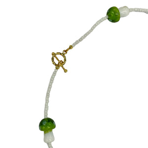 Glass Green Mushroom and Pearl Bead Necklace