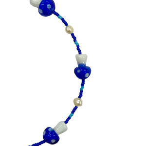 Glass Blue Mushroom and Pearl Bead Necklace