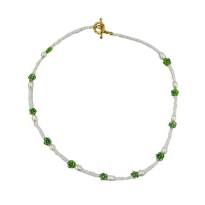 Millefiori Green Flower and Pearl Necklace