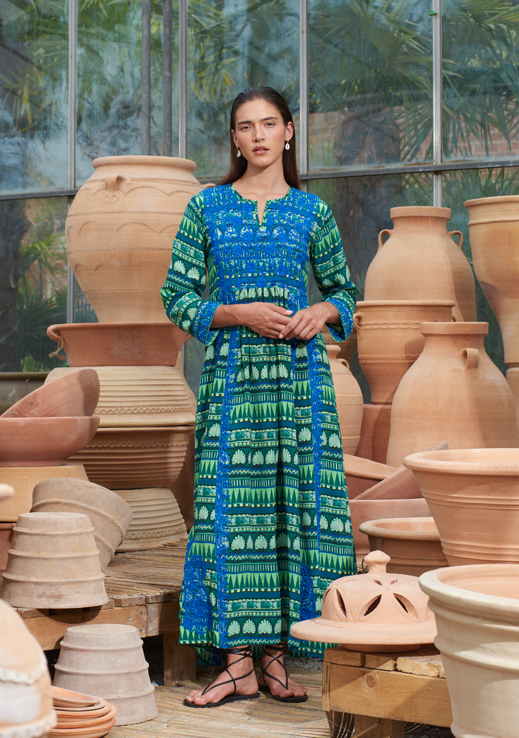 Silk Embroidered Dress Amphora Emerald