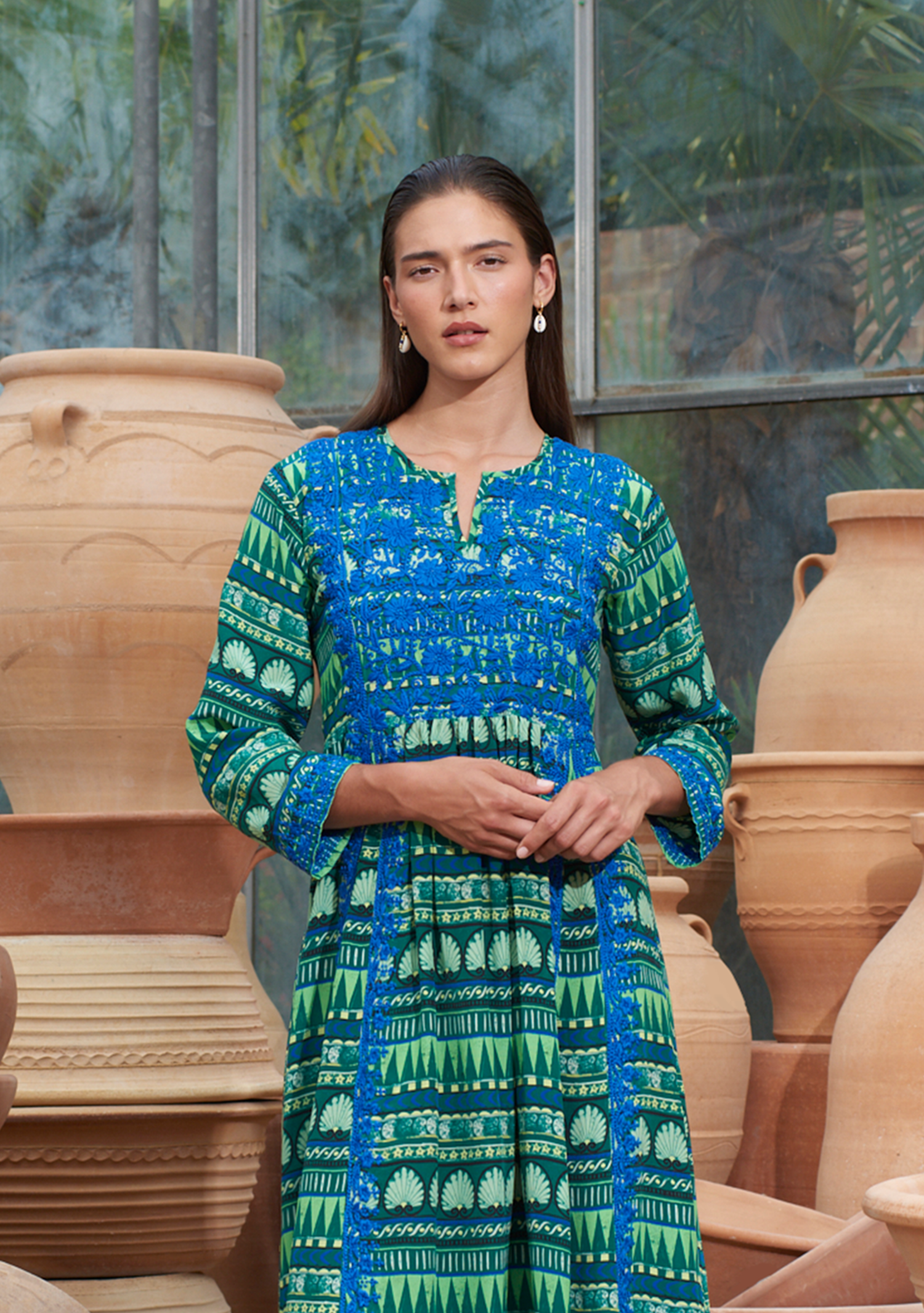 Silk Embroidered Dress Amphora Emerald
