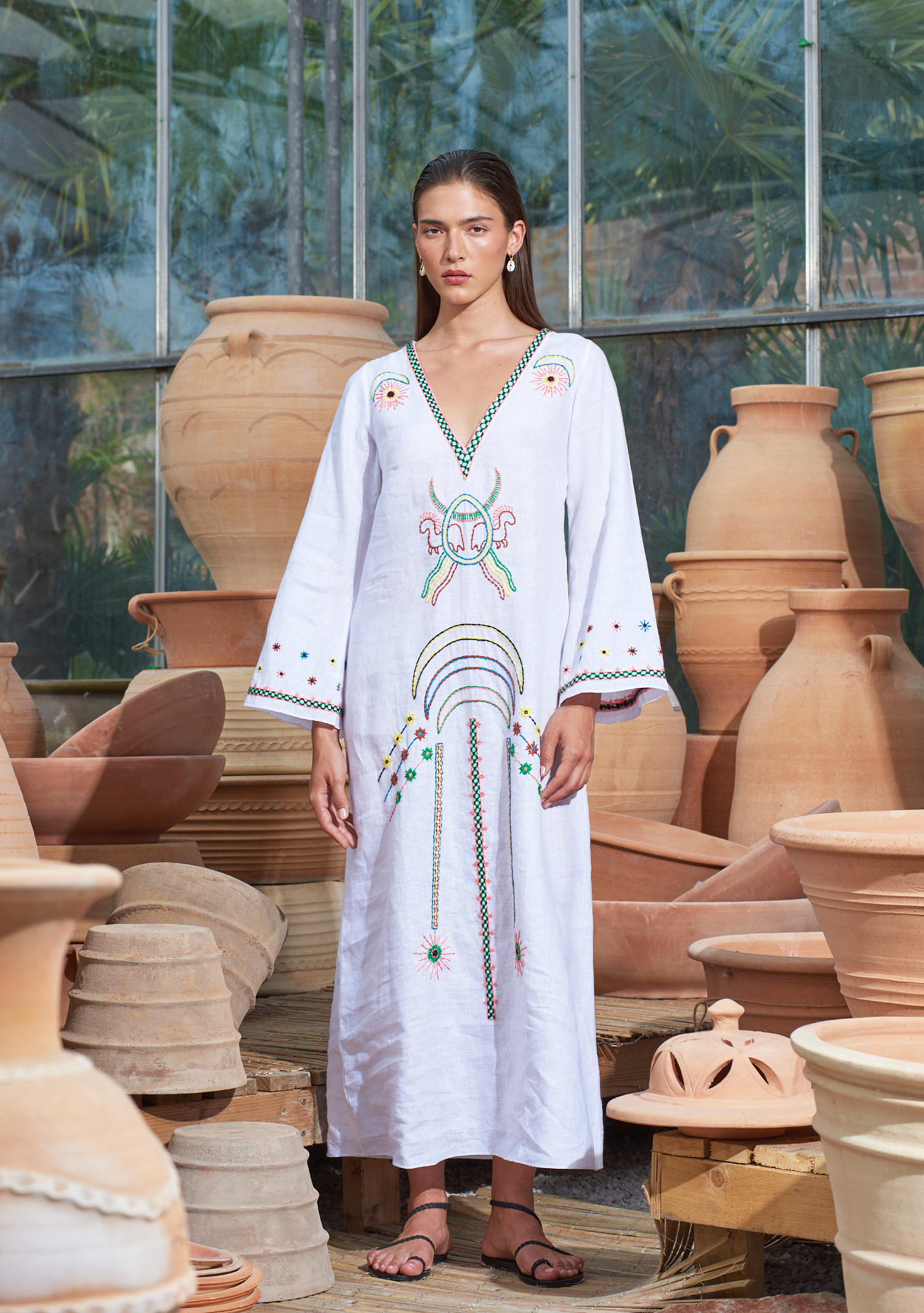 Vera Kaftan White with Moon Embroidery