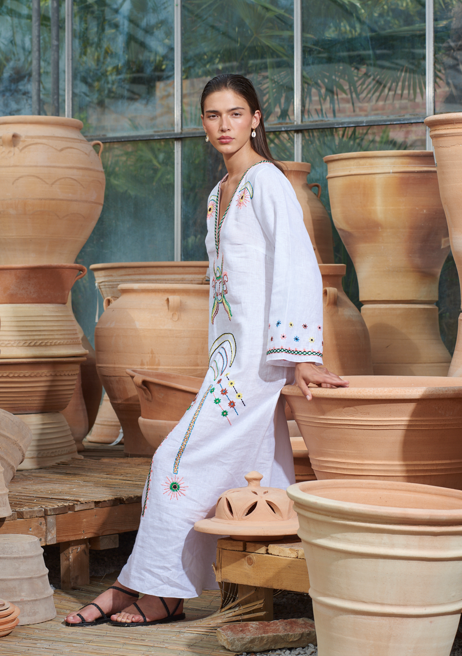 Vera Kaftan White with Moon Embroidery